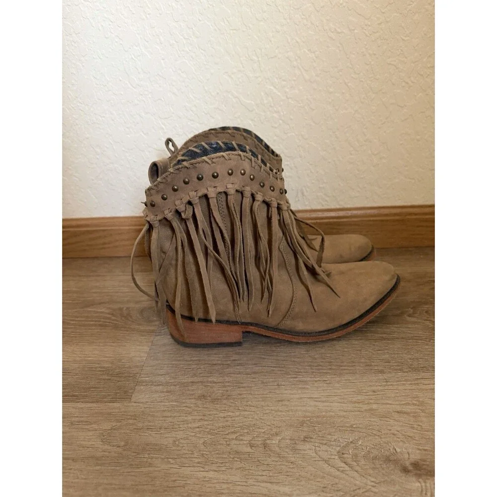 Liberty Tan Leather Fringe Womens Booties Size 9.5 Western Cowgirl